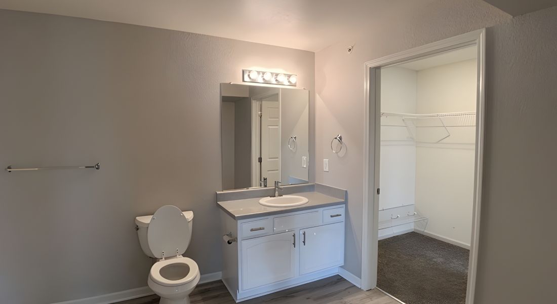 Modern bathroom with a toilet, sink, large mirror, and an open door leading to a walk-in closet.