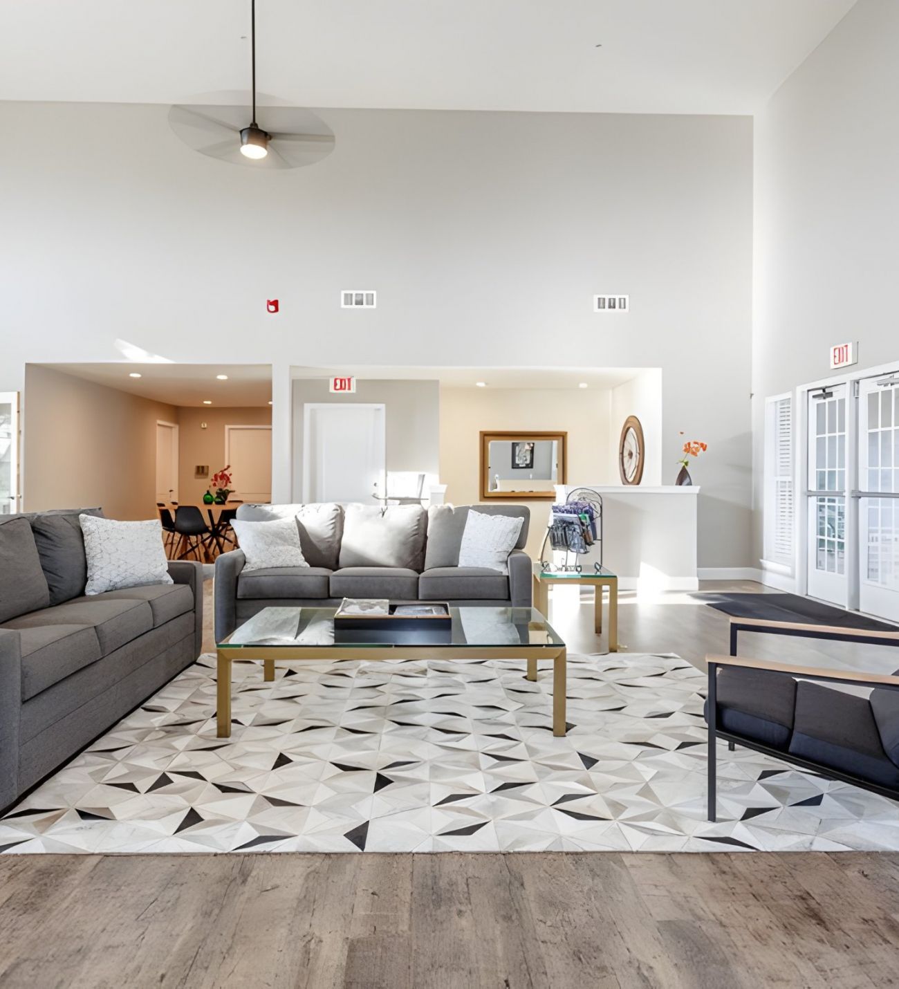 Bright, modern living room with gray sofas, armchair, geometric rug, and a glass coffee table.